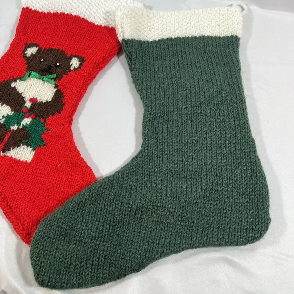 Vintage Lot of 4 Handmade Knit Christmas Stockings Santa Bear Snowman Shepherd